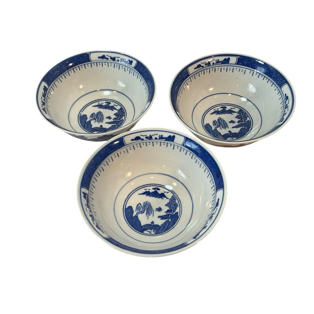 Set Of 3 Chinese Rice Bowls Blue & White 5”W X 2” Vintage Pagoda Mountains